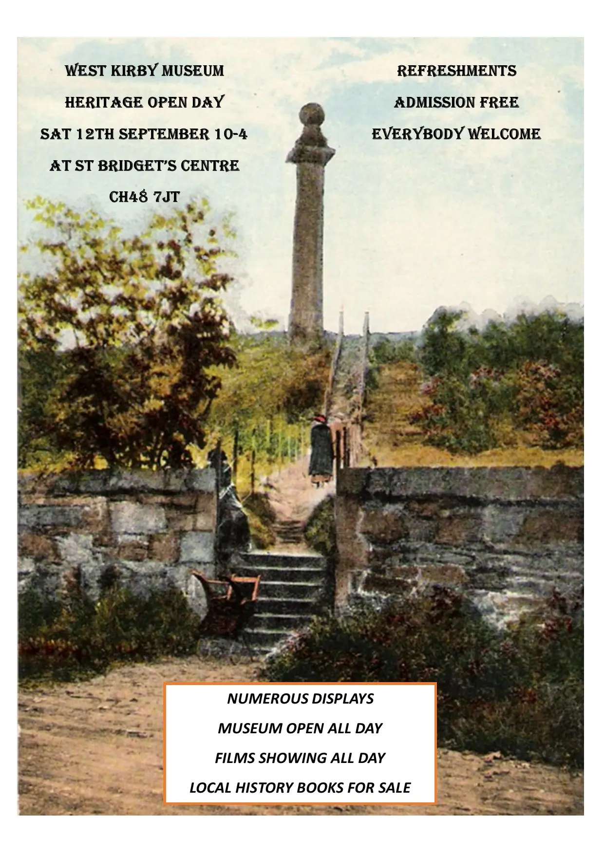West Kirby Museum Heritage Open Day poster, Saturday 12 September, 10am–4pm at St Bridget's Centre