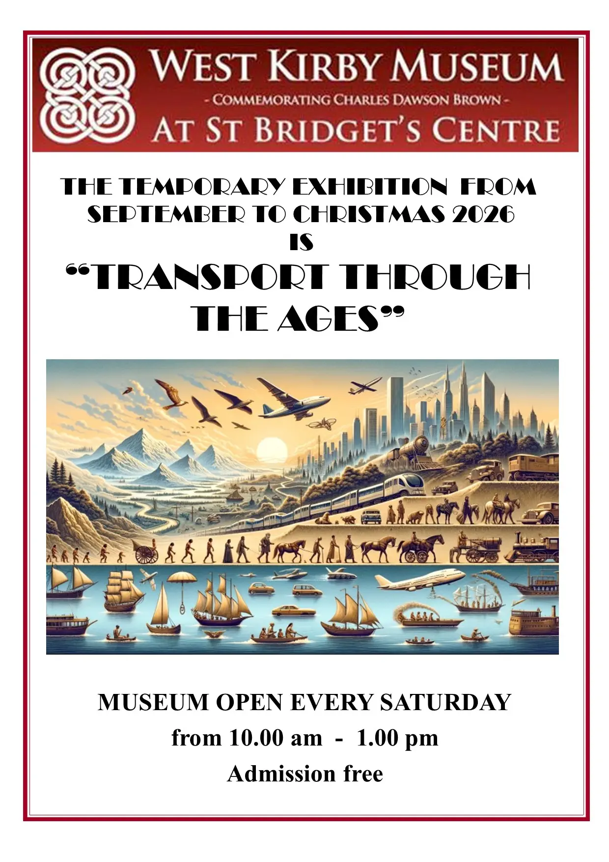 Transport through the Ages exhibition poster, West Kirby Museum, September to Christmas 2026